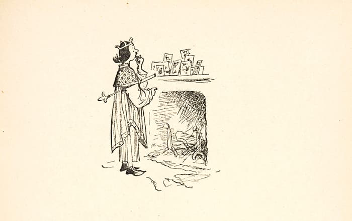Detail of A.A. Milne’s illustration of King John staring at a row of Christmas cards 