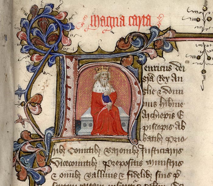 Detail of an illuminated leaf that comes from one of The Huntington’s 15th-century manuscript copies of the 1225 Magna Carta