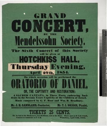 Grand concert, by the Mendelssohn Society. : The sixth concert of this society will be given at Hotchkiss Hall, Thursday evening, April 27th, 1854