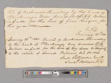 Note regarding hiring Amos and five other enslaved people by C. Tate and Samuel Patterson