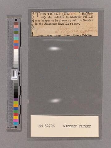 Signature of George Washington on ticket for the Mountain Road Lottery, Number 162