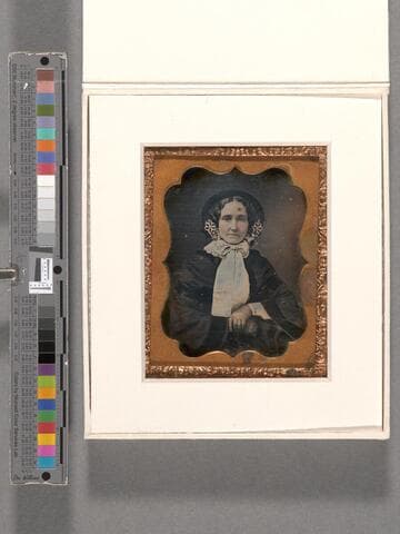 Portrait of a woman wearing a bonnet adorned with cloth roses [Sproston family?]