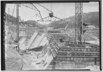 Big Creek, Shaver Lake Dam - Looking towards Camp 21 from South end of dam