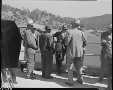 Crowd of people on the crest of Dam 7 touring the dam probably during the dedication of the Big Creek 4 project
