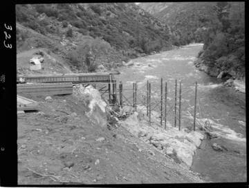 Big Creek - Mammoth Pool - Falsework and piers on west abutment of powerhouse bridge