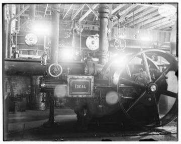 The "Ideal" Engine in Los Angeles #1 Steam Plant with an open view to the rear of the plant.  Note: the dupe negative came from the Huntington Library