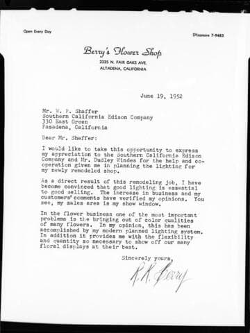 Letter of appreciation from "Berry's Flower Shop"