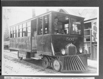S.J. & E. RR Gasoline passenger trolley car #501 at Big Creek