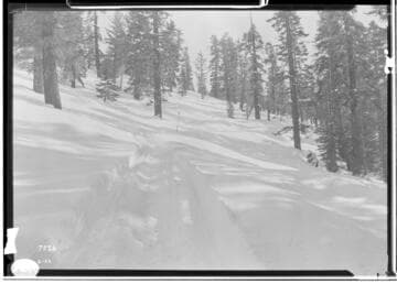 Big Creek, Florence Lake Dam - Sled transportation track on road above Huntington Lake, with storm guide pole in middle distance