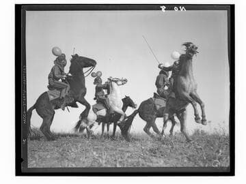 Boys fencing on horseback, Urban Military Academy, Brentwood, Los Angeles