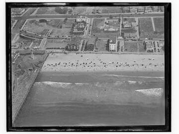Aerial detail of Santa Monica Pier and beach south of pier