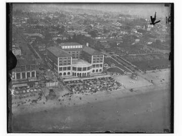 Aerial detail of Club Casa Del Mar and beach, Santa Monica, California