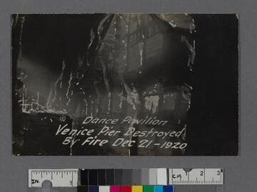 Illustrated postcard of Dance Pavilion destroyed by fire, Venice, California