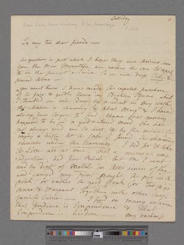 Barnard, Lady Anne (Lindsay). Letter to Matthew Montagu, 4th Baron Rokeby