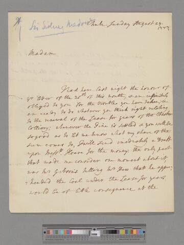 Medows, Sir Sidney. Letter to Elizabeth (Robinson) Montagu