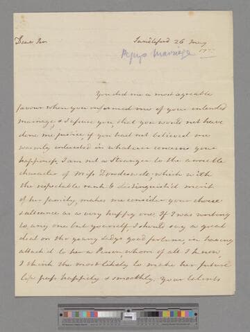 Montagu, Elizabeth (Robinson). Letter to Sir William Weller Pepys, Bart