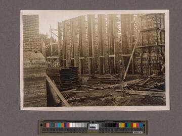 Huntington Library Construction: view showing the Center Wing scaffold, looking south
