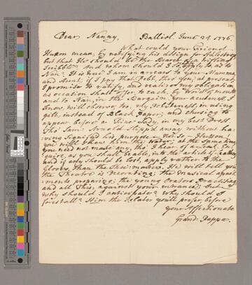 Theophilus Leigh letter, Balliol College, to Nanny Cooke
