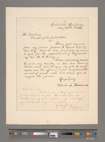 Charles L. Thomasson, Louisville, Kentucky, letter to Abraham Lincoln