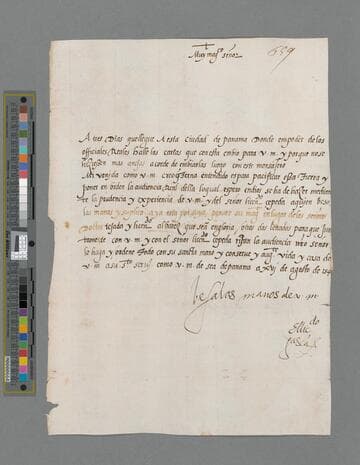 Pedro de las Gasca, Bishop, letter to Pedro Ortiz de Zárate y Verdugo