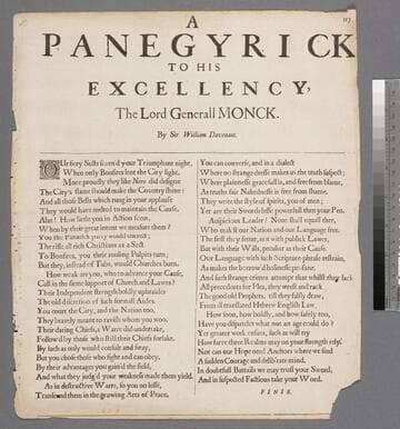 A panegyrick to his excellency, the Lord Generall Monck. / By Sir William Davenant