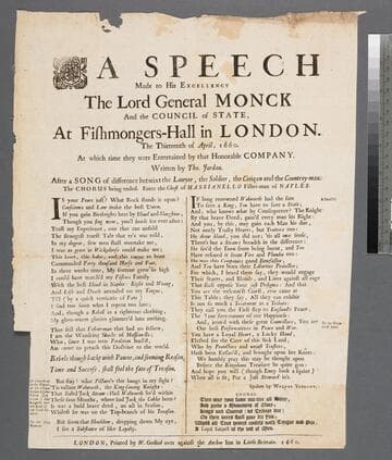 A speech made to his excellency the Lord General Monck and the council of state, at Fishmongers-Hall in London. The thirteenth of April, 1660. At which time they were entertained by that honorable company. Written by Tho. Jordan. After a song of difference betwixt the lawyer, the soldier, the citizen and the countrey-man. The chorus being ended. Enter the ghost of Massianello fisher-man of Naples