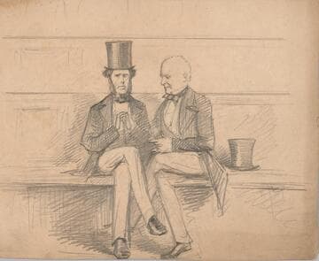 Two Men Seated on a Bench, One with Hat