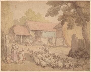A Man Herding Sheep; Figures to the Left; Farmbuildings in the Background