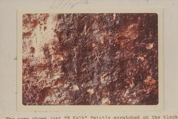 Scratching of Emery Kolb's name under a slight overhang at the mouth of Spring Canyon