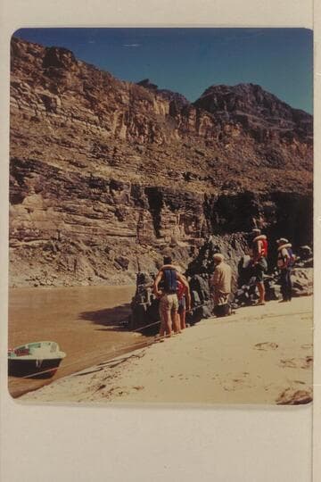 Prospect Dam Site.  The "Rattlesnake" appears at left, Garth Marston is at left, John Schultz examines the site while Larry Sanderson and Jeff Marston look on from right