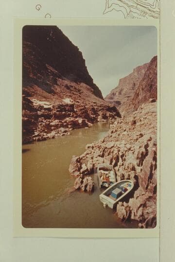 Down river from mooring of the two Belknap boats when the flow through Glen Canyon Dam had been cut to 1,000 cfs