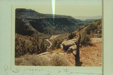 Down through Supai formation of Granite Park Canyon.  Taken when Visbak and Butchart were returning from Granite Park