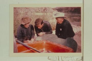 Dock Marston; Bill Lindsley; Bill Belknap.  Rigging a Sportyak at 217 Mile Rapid