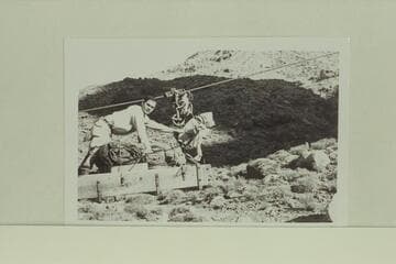 Johnny Maxson and the skip on the cable to Hermit Camp.  Maxson and Campbell based at the old Hermit Camp for the study of the Archean in 1933