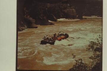Pontoon (Baloney Boat) in lower end of Triplet Rapid.  Frank Hatch and Dave Allen, boatmen.  Appalachian Mountain Club trip