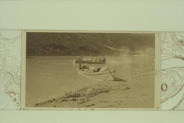 Our flotilla at the Crossing of the Fathers--photo and caption by Lewis R. Freeman from his collection.  The LaRue junket stopped at the Crossing 1922, Sep. 13, but were unsure of the location