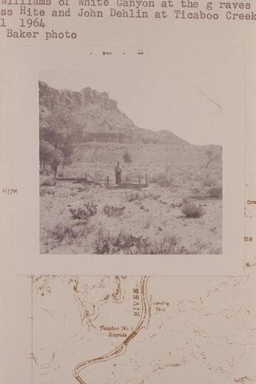 Slim Williams of White Canyon at the graves of Cass Hite and John Dehlin at Ticaboo Ctreek