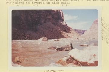 Up to Rapid No. 20.  The rapid heads at Mile 203.15 and drops 8 ft. in .15 miles.  The island is covered in high water.  Last week in June