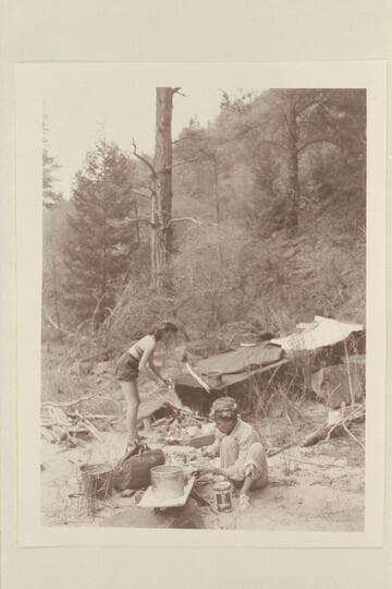 Becky Walker and Margaret Marston in the kitchen.  Camp of 1948, May 15, during traverse of Dolores River