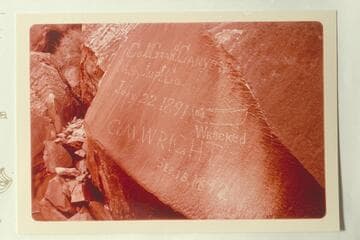 Best Expedition inscription on boulder 100 ft. from edge of river at low water.  G. M. Wright's inscription is dated 1892 and he was not with the Best party