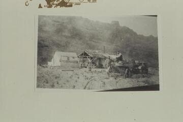 Camp and trailer hauled by tractor, Gretchen Bar