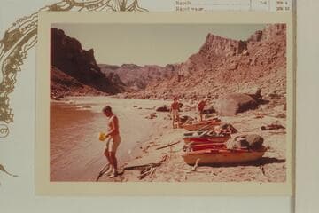 Down from camp at the head of Rapid #7, Mile 209.6.  Buzz Belknap is at left, Jorgen Visbak and Bill Belknap