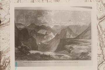 "The Grand Canon of the Colorado," showing amphitheaters and sculptured buttes.  Etching by Thomas Moran, who either went down into Muav Canyon or used Hillers photos including No. 226 for the land formations