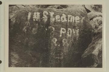 Painted record of the steamer "Major Powell" near head of Cataract Canyon.  Photo by Nevills party