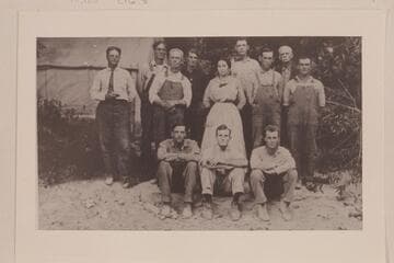 Drilling crew at damsite 1,000 ft. below the Junction about September 20, 1914.  Mile 216.3
