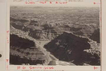 Down Stillwater Canyon to the mouth of the Green River.  The Colorado, formerly Grand River, enters from left and the combined rivers flow into Cataract Canyon at the right