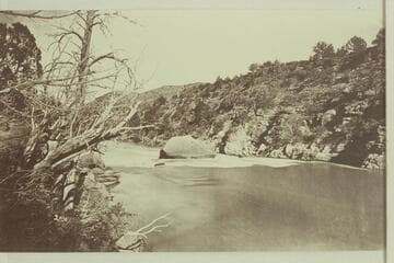 Marked on back:  439 Hillers.It is unlikely Hillers made the photo.It is probably by Beaman in 1871.The water stage is moderately high.Note the Powell 1871 boats at the left bank.  Hillers was not a photographer when the Powell boats were there
