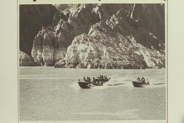 The three motorboats in Iceberg Canyon.  The "Boo" is leading.  The "Cactus" is at her stern, and the "Rattlesnake" is right