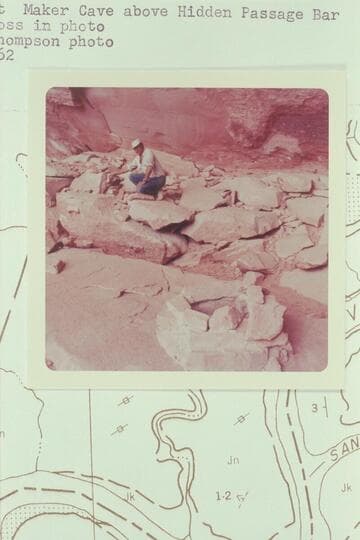 Basket Maker Cave above Hidden Passage Bar.  Ken Ross in photo