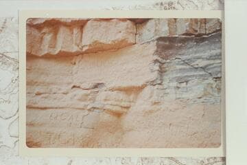 Inscriptions on the first Tapeats cliff on the west side of Hance Canyon including Ed. Gale 1890 and T. G. Norris